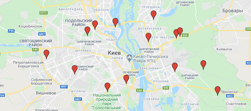 карта пунктов сбора елок для утилизации в Киеве